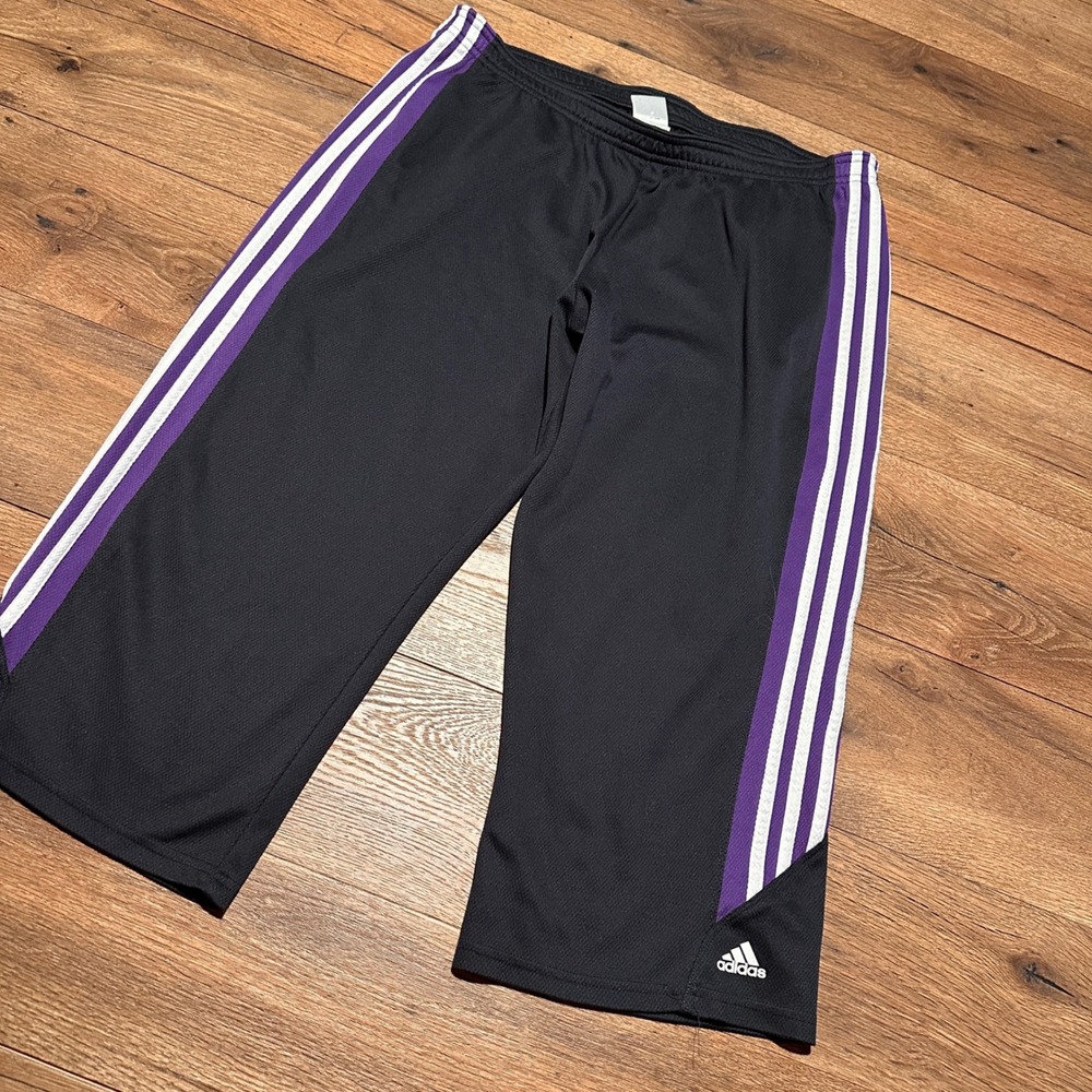 Adidas Black Purple Three Stripe Capri Track Pants Womens Large E71721